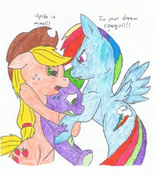 Size: 2344x2668 | Tagged: safe, artist:dawnfelix, artist:ronmart12, derpibooru import, applejack, rainbow dash, spike, dragon, earth pony, pegasus, pony, applespike, applespikedash, awkward, bisexual, female, interspecies, lesbian, male, polyamory, rainbowspike, shipping, spike gets all the mares, straight, traditional art