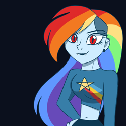 Size: 1920x1920 | Tagged: safe, artist:mlp-firefox5013, derpibooru import, rainbow dash, vampire, equestria girls, belly button, black background, clothes, female, looking at you, midriff, red eyes, simple background, solo