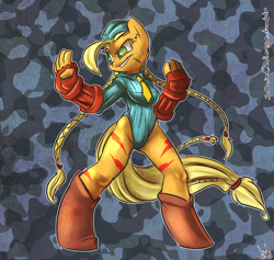 Size: 1500x1422 | Tagged: safe, artist:atryl, applejack, anthro, unguligrade anthro, cammy white, crossover, street fighter