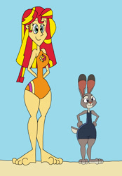 Size: 1261x1809 | Tagged: safe, artist:hunterxcolleen, sunset shimmer, human, equestria girls, 1000 hours in ms paint, barefoot, beach, bikini, child bearing hips, clothes, crossover, feet, humanized, judy hopps, ms paint, swimsuit, zootopia