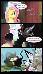 Size: 1667x2844 | Tagged: safe, artist:i-am-knot, discord, fluttershy, king sombra, pegasus, pony, umbrum, unicorn, comic, door, laughing, prank, shadow