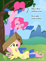 Size: 1152x1536 | Tagged: safe, artist:snapai, fluttershy, pinkie pie, earth pony, pegasus, pony, box, clothes, dr. seuss, fox in socks, socks