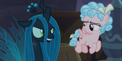 Size: 1366x678 | Tagged: safe, screencap, cozy glow, queen chrysalis, changeling, changeling queen, pegasus, pony, the summer sun setback, cozy glow is not amused, foal, queen chrysalis is not amused, unamused