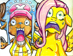 Size: 900x700 | Tagged: safe, artist:irie-mangastudios, fluttershy, pegasus, pony, choppershy, crossover, one piece, panic, tony tony chopper