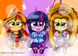 Size: 2338x1700 | Tagged: safe, artist:rainicornmagic, adagio dazzle, sunset shimmer, twilight sparkle, equestria girls, blushing, chibi, grin, smiling