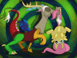 Size: 1056x792 | Tagged: safe, artist:darkwingsnark, discord, fluttershy, pegasus, pony, discoshy, female, male, mouth hold, shipping, straight, tail pull, upside down