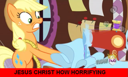 Size: 637x385 | Tagged: safe, applejack, earth pony, pony, magical mystery cure, season 3, hub logo, jesus christ how horrifying, sewing, sewing machine, swapped cutie marks