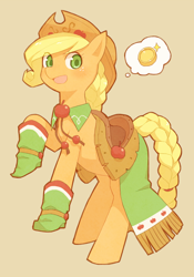 Size: 560x800 | Tagged: safe, artist:yow, applejack, earth pony, pony, bits, blushing, clothes, dress, gala dress, looking back, open mouth, pixiv, rearing, simple background, solo, thought bubble