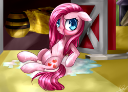 Size: 1387x1005 | Tagged: safe, artist:zorbitas, pinkie pie, earth pony, pony, solo, swapped cutie marks, wet mane