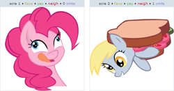 Size: 519x272 | Tagged: safe, derpy hooves, pinkie pie, pegasus, pony, exploitable meme, female, implied cannibalism, juxtaposition, juxtaposition win, mare, meme, sandwich, tongue out