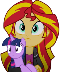 Size: 602x720 | Tagged: artist needed, safe, sunset shimmer, twilight sparkle, pony, equestria girls, carrying, holding a pony