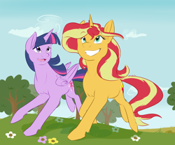 Size: 1200x1000 | Tagged: safe, artist:kourabiedes, sunset shimmer, twilight sparkle, twilight sparkle (alicorn), alicorn, pony, unicorn, cute, horses doing horse things, running, shimmerbetes, smiling