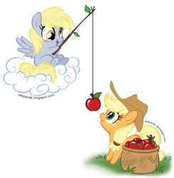 Size: 600x615 | Tagged: safe, artist:stepandy, applejack, derpy hooves, earth pony, pegasus, pony, apple, chibi, cloud, female, fishing, mare