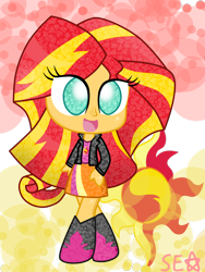 Size: 1942x2576 | Tagged: safe, artist:supererikastar, sunset shimmer, equestria girls, boots, chibi, clothes, cute, jacket, leather jacket, shimmerbetes, skirt