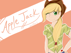 Size: 781x585 | Tagged: safe, artist:andime70, applejack, humanized, solo, wink