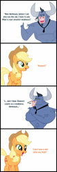 Size: 800x2370 | Tagged: safe, applejack, iron will, earth pony, minotaur, pony, applejack's hat, braid, comic, cowboy hat, crossed arms, dialogue, duo, duo male and female, element of honesty, female, freckles, hat, honesty, male, mare, microphone, necktie, nose piercing, nose ring, piercing, vulgar