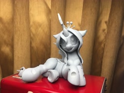 Size: 4032x3024 | Tagged: safe, artist:hitbass, artist:shuxer59, artist:v747, queen chrysalis, changeling, changeling queen, collaboration, changelings in the comments, cute, cutealis, female, figurine, frog (hoof), heart, irl, looking at you, on side, open mouth, photo, smiling, solo, underhoof, wip