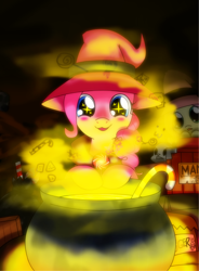 Size: 1120x1520 | Tagged: safe, artist:hoyeechun, angel bunny, fluttershy, pinkie pie, earth pony, pegasus, pony, candy, candy cane, cauldron, duo, eye sparkles, food, hat, solo focus, wingding eyes, witch hat, wizard