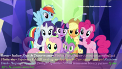 Size: 1023x576 | Tagged: safe, derpibooru import, applejack, fluttershy, pinkie pie, rainbow dash, rarity, spike, twilight sparkle, twilight sparkle (alicorn), alicorn, dragon, earth pony, pegasus, pony, unicorn, diverse-mlp-headcanons, headcanon, mane seven, mane six, text