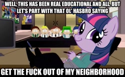 Size: 625x382 | Tagged: safe, derpibooru import, twilight sparkle, equestria girls, hasbro, image macro, south park, twiface, vulgar, wrong neighborhood