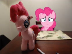 Size: 4896x3672 | Tagged: safe, artist:emedina13, pinkie pie, earth pony, pony, chair, female, irl, mare, pen, photo, plushie, ponies in real life, ring, self plushidox, self ponidox, table, vector