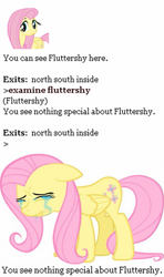 Size: 445x750 | Tagged: safe, fluttershy, pegasus, pony, female, mare, pink mane, ponyville text adventure, text, yellow coat