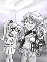 Size: 600x800 | Tagged: safe, artist:kul, sci-twi, sunset shimmer, twilight sparkle, equestria girls, clothes, embarrassed, female, happy, leather jacket, monochrome, ponytail, store