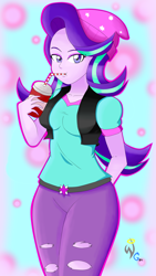 Size: 1836x3264 | Tagged: safe, artist:warriorg04, starlight glimmer, equestria girls, mirror magic, spoiler:eqg specials, abstract background, beanie, clothes, cup, cute, drinking, female, glimmerbetes, hat, looking at you, solo, torn clothes