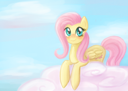 Size: 600x428 | Tagged: safe, artist:lady-largo, fluttershy, pegasus, pony, blushing, cloud, cloudy, solo