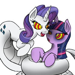 Size: 500x500 | Tagged: safe, artist:reiduran, derpibooru import, rarity, twilight sparkle, lamia, original species, snake, hypnosis, imminent vore, lamity, species swap, this will end in vore