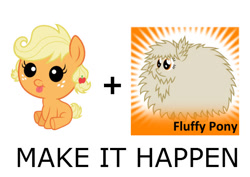 Size: 577x408 | Tagged: safe, applejack, earth pony, fluffy pony, pony, babyjack, exploitable meme, foal, make it happen, sitting, tongue out, underhoof