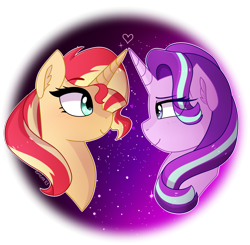 Size: 2055x2011 | Tagged: safe, artist:emera33, starlight glimmer, sunset shimmer, pony, unicorn, mirror magic, spoiler:eqg specials, bust, ear fluff, female, heart, lesbian, looking at each other, mare, portrait, shimmerglimmer, shipping, smiling