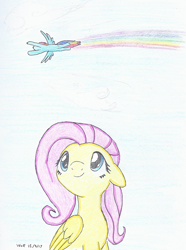 Size: 760x1020 | Tagged: safe, artist:astevenamedwolf, derpibooru import, fluttershy, rainbow dash, pegasus, pony, duo, female, flying, folded wings, looking at something, looking up, mare, rainbow trail, sitting, smiling, solo focus, traditional art