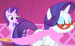 Size: 949x590 | Tagged: safe, screencap, rarity, starlight glimmer, pony, unicorn, no second prances, duo, duo female, eyes closed, female, glasses, mare