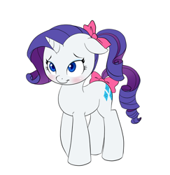 Size: 700x719 | Tagged: safe, artist:carnifex, artist:pia-sama, rarity, pony, unicorn, alternate hairstyle, blushing, bow, cute, female, filly, filly rarity, floppy ears, hair bow, looking at you, ponytail, raribetes, shy, simple background, smiling, solo, standing, tail bow, white background, younger