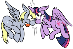 Size: 900x600 | Tagged: safe, artist:karpet-shark, derpy hooves, twilight sparkle, twilight sparkle (alicorn), alicorn, pony, crash, female, flying, mare, ouch, twily-daily