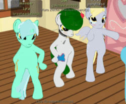Size: 433x360 | Tagged: safe, derpy hooves, lyra heartstrings, oc, pony, animated, bipedal, dancing, explicit source, gak, second life, wat