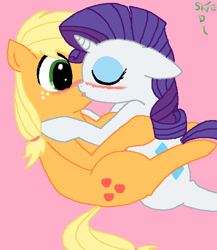 Size: 530x610 | Tagged: safe, artist:weaselbear, applejack, rarity, earth pony, pony, unicorn, blushing, female, kissing, lesbian, rarijack, shipping