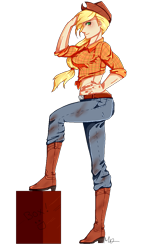 Size: 694x1177 | Tagged: safe, artist:missmaeko, applejack, boots, clothes, dirty, front knot midriff, humanized, jeans, midriff, simple background, solo