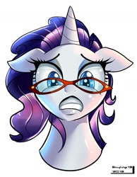 Size: 1100x1420 | Tagged: safe, artist:skyart301, rarity, pony, unicorn, bust, female, glasses, mare, portrait, simple background, solo, white background, worried