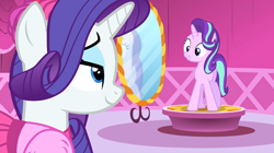 Size: 1196x672 | Tagged: safe, screencap, rarity, starlight glimmer, pony, unicorn, no second prances, duo, lidded eyes, looking at each other, smiling