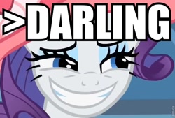 Size: 728x493 | Tagged: safe, edit, edited screencap, screencap, rarity, pony, unicorn, sweet and elite, caption, close-up, cropped, darling, greentext, hat, implying, solo, text