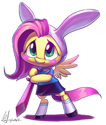 Size: 2540x3000 | Tagged: safe, artist:jggjqm522, fluttershy, pony, adventure time, bipedal, bunny ears, chibi, cosplay, fionna, fionnashy, parody, solo, sword