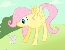 Size: 481x372 | Tagged: safe, artist:evanlynn, fluttershy, pegasus, pony, rabbit, female, filly, pink mane, pink tail, solo, wings, yellow coat