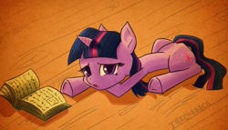 Size: 1003x575 | Tagged: safe, artist:draneas, derpibooru import, twilight sparkle, annoyed, book, prone, reading