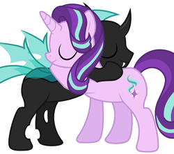 Size: 2137x1893 | Tagged: safe, artist:derphed, starlight glimmer, oc, oc:steel crescent, changeling, unicorn, changeling oc, duo, fangs, happy, hug, request, simple background, smiling, white background