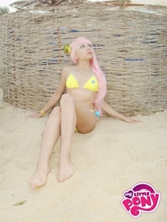 Size: 2304x3072 | Tagged: safe, artist:serebii42, fluttershy, human, barefoot, bikini, clothes, cosplay, feet, irl, irl human, photo, solo, swimsuit