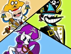 Size: 1022x781 | Tagged: safe, artist:billybones0704, rarity, pony, unicorn, adventure time, bicorne, cosplay, finn the human, hat, jake the dog, mordecai, pirate, regular show, the pirates band of misfits, the pirates in an adventure with scientists