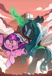 Size: 1058x1534 | Tagged: safe, alternate version, artist:sourspot, queen chrysalis, twilight sparkle, twilight sparkle (alicorn), alicorn, changeling, changeling queen, pony, angry, cover, female, fight, glowing horn, gritted teeth, horn, smiling