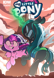 Size: 1058x1534 | Tagged: safe, alternate version, artist:sourspot, idw, queen chrysalis, twilight sparkle, twilight sparkle (alicorn), alicorn, changeling, changeling queen, pony, angry, cover, female, fight, glowing horn, gritted teeth, horn, smiling